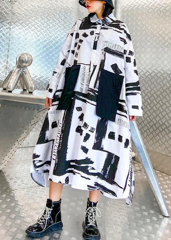 Women lapel pockets fall Tunics pattern black white print long Dresses Elegant Long Evening