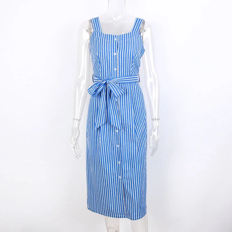 Blue Striped Dress Bow Bandage Sexy Summer Off Shoulder Women Party Dresses Single-Breasted Midi Elegant Shirt Dress Tunics Formal black