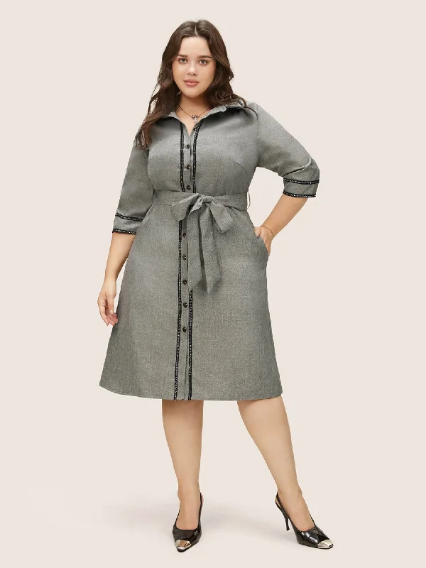 Shirt Collar Patchwork Contrast Belted Dress Tunics Office stylish