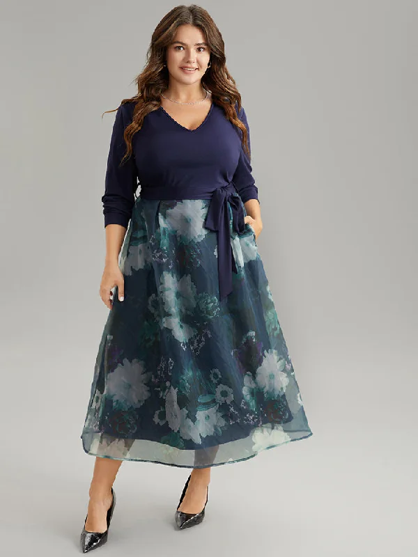 Floral Print Belted Patchwork Mesh Dress Tunics Seasonal trendy