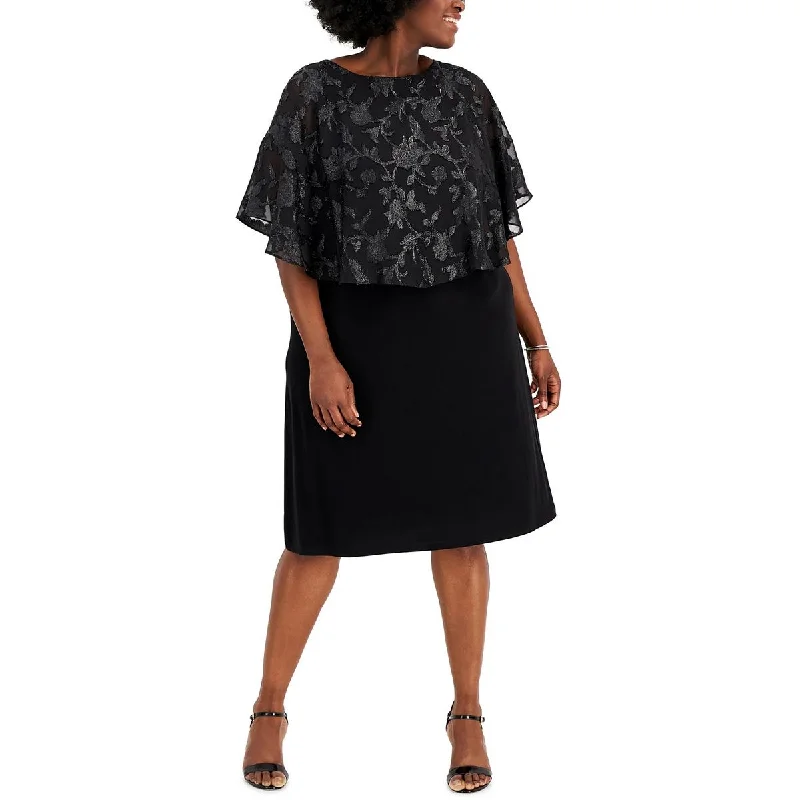 Connected Apparel Womens Plus Embroidered Cape-Overlay Cocktail and Party Dress Tunics Fall fleece