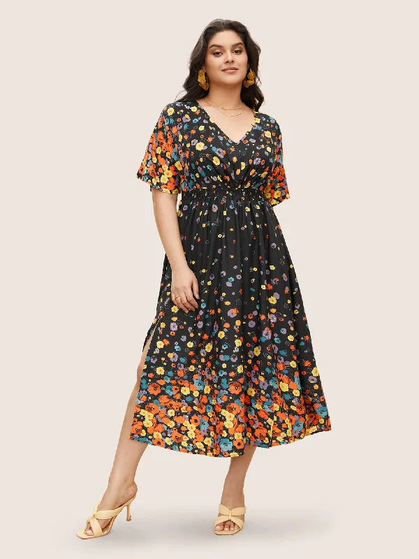 Floral Printed Pocket V Neck Shirred Split Hem Dress Tunics Yoga stretchy