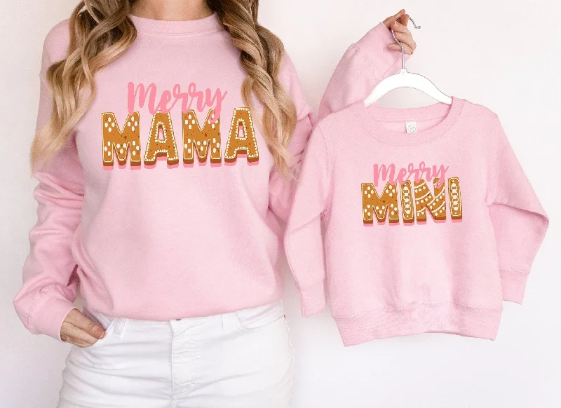 Merry Mama and Mini Matching Christmas Cookie Pink sweatshirt Hoodie with Metallic Shiny Futuristic