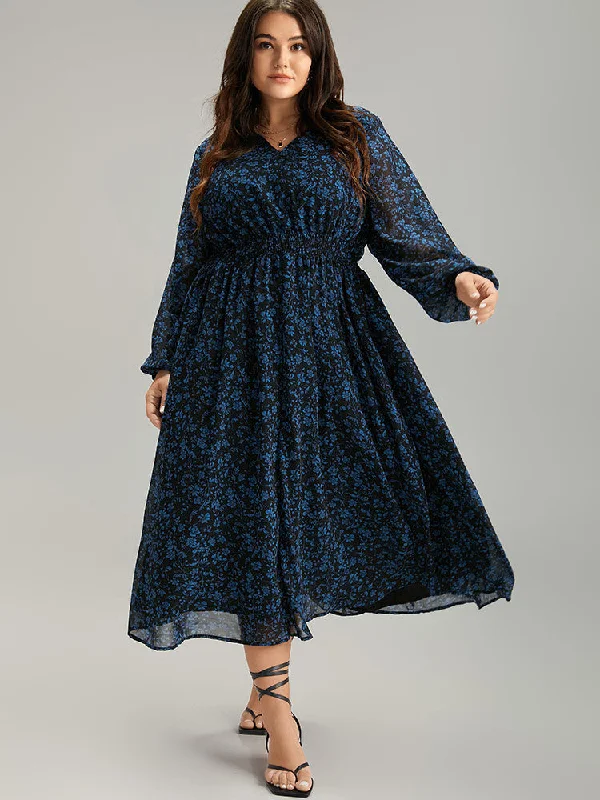 Chiffon Ditsy Floral Pocket Shirred Cuffs Dress Tunics Prom sequined