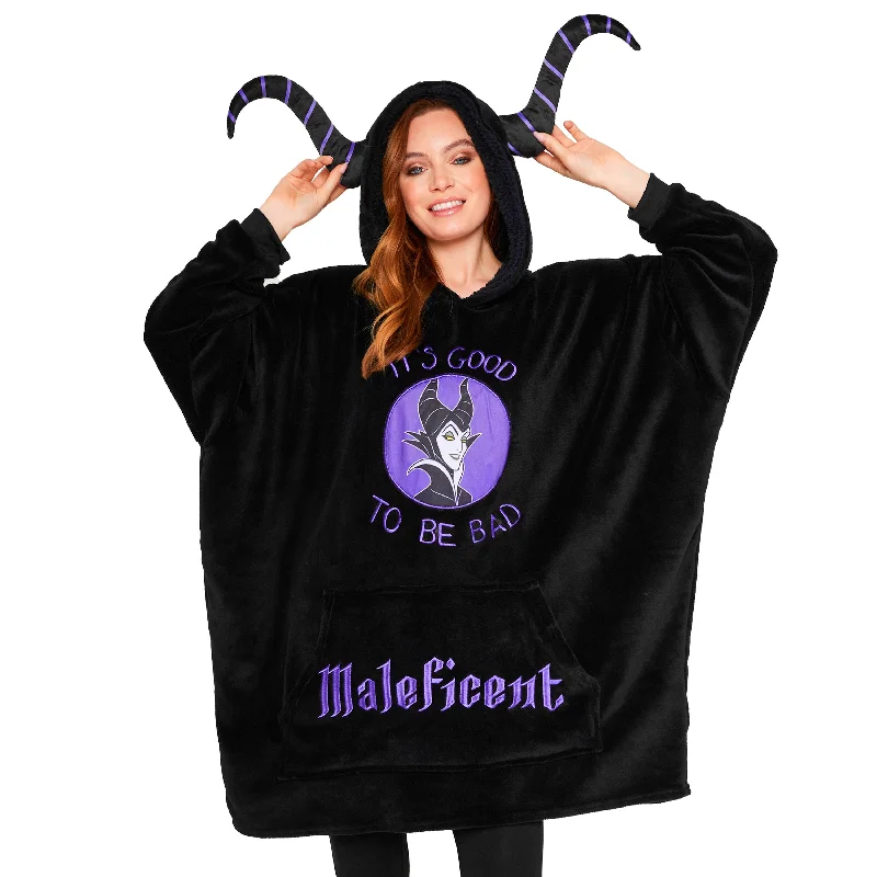 Disney Oversized Blanket Hoodie for Women - Black Maleficent Hoodie with Button Classic Timeless