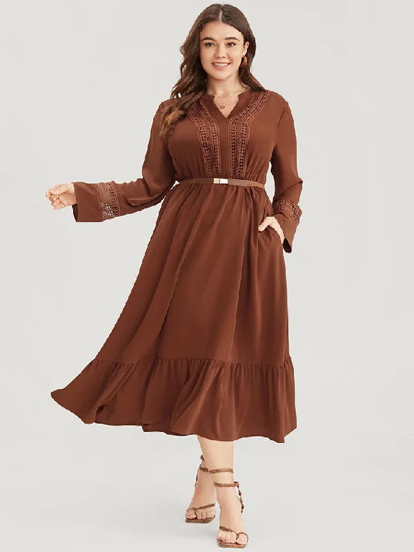 Solid V Neck Pocket Contrast Lace Ruffle Hem Dress Tunics Recommended stylist