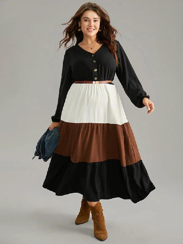 Colorblock Patchwork Lantern Sleeve Button Detail Dress Tunics Designer luxury
