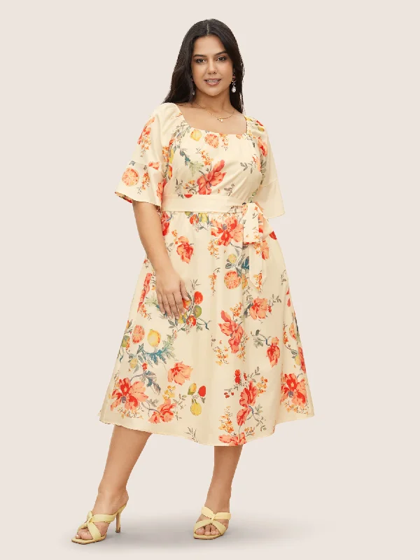 Citrus Orange Print Square Neck Ruffles Gathered Dress Tunics Luxurious high-end