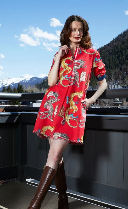 Chatham Dress Red Ground Dragon Print Tunics Polka dots