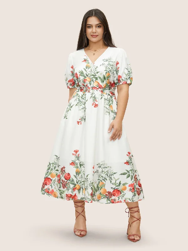 Citrus Fruit Print Surplice Neck Pleated Dress Elegant Long Evening