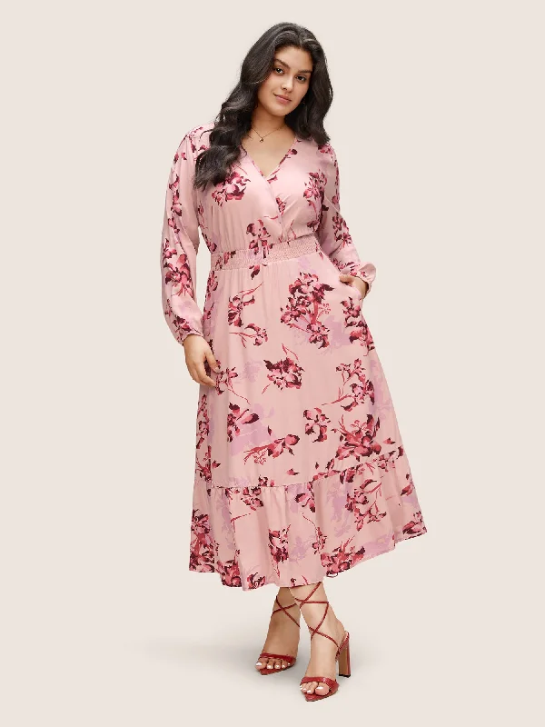 Floral Print Surplice Neck Ruffle Layered Hem Dress Tunics Versatile stylish