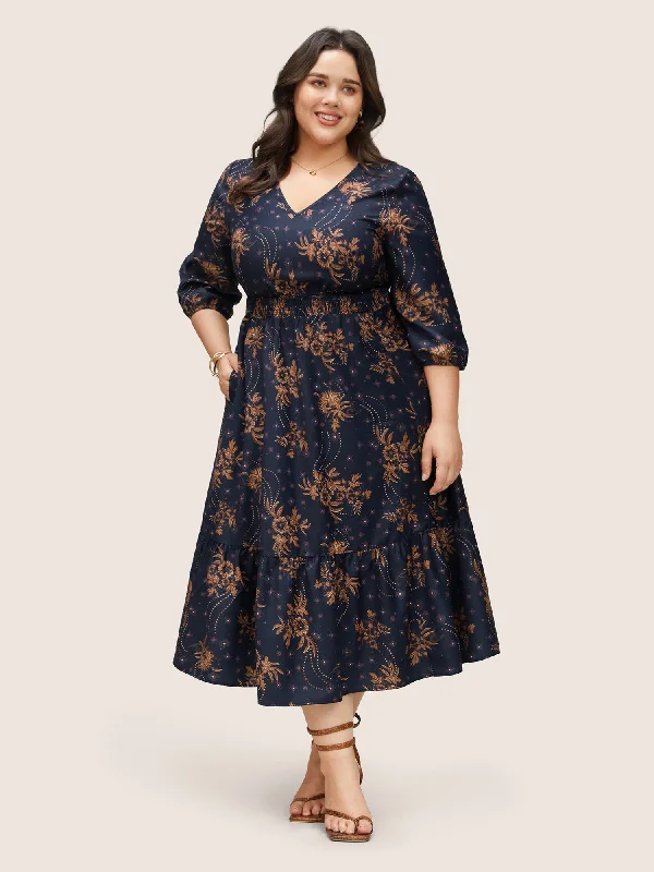 Floral Print Gathered Ruffle Hem Shirred Dress Tunics Luxurious high-end
