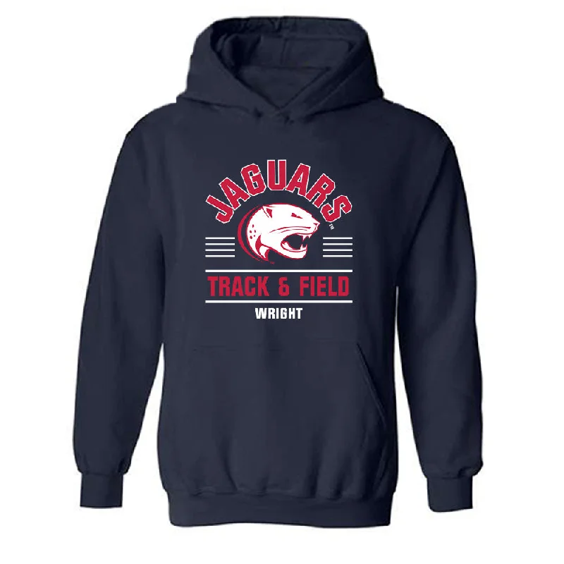 South Alabama - NCAA Women's Track & Field : Dawson Wright - Classic Fashion Shersey Hooded Sweatshirt Hoodie with Mock Neck Collared Structured