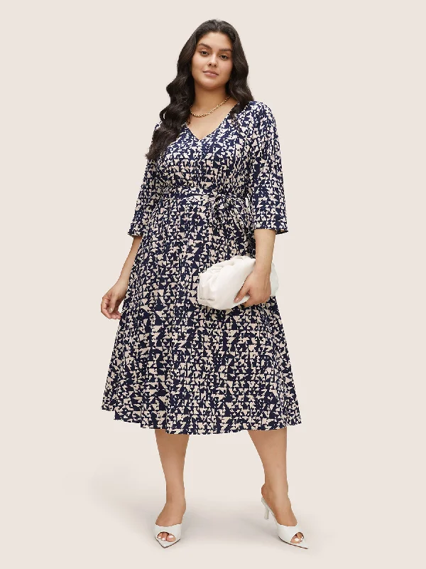 Geometric Elastic Waist Belted Tab Sleeve Dress Tunics Trousers formal