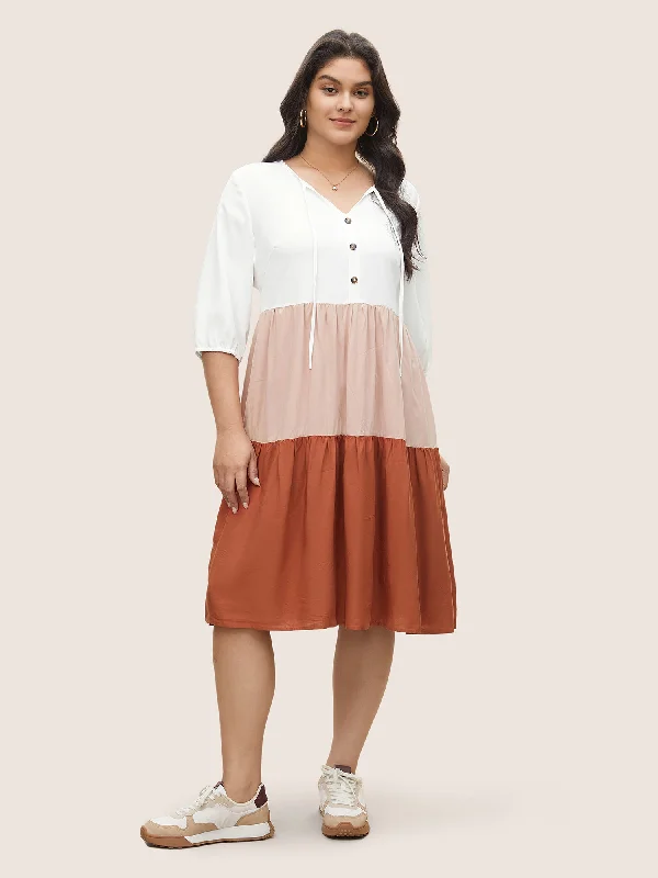 Colorblock Contrast Patchwork Tie Neck Dress Crew Neckline Sporty