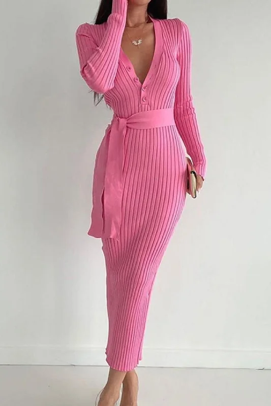 TastyHottie - Single-breasted Tie-waist Ribbed Knit Dress Tunics Versatile stylish