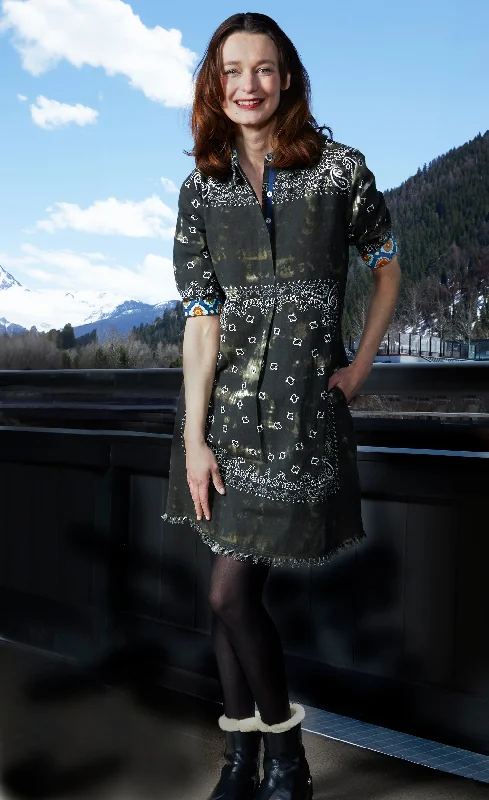 Chatham Dress Olive Green Bandana Print Boat Neckline Classic