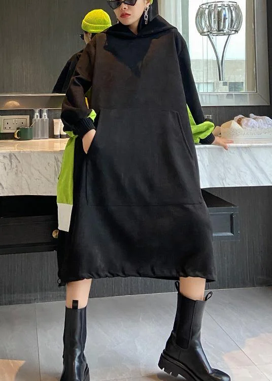 French hooded patchwork Long dress Outfits black Dress Tunics Gym athletic