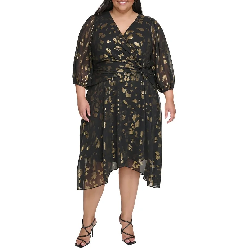 DKNY Womens Plus Animal Print  Cocktail And Party Dress Off-the-shoulder Bohemian Festive