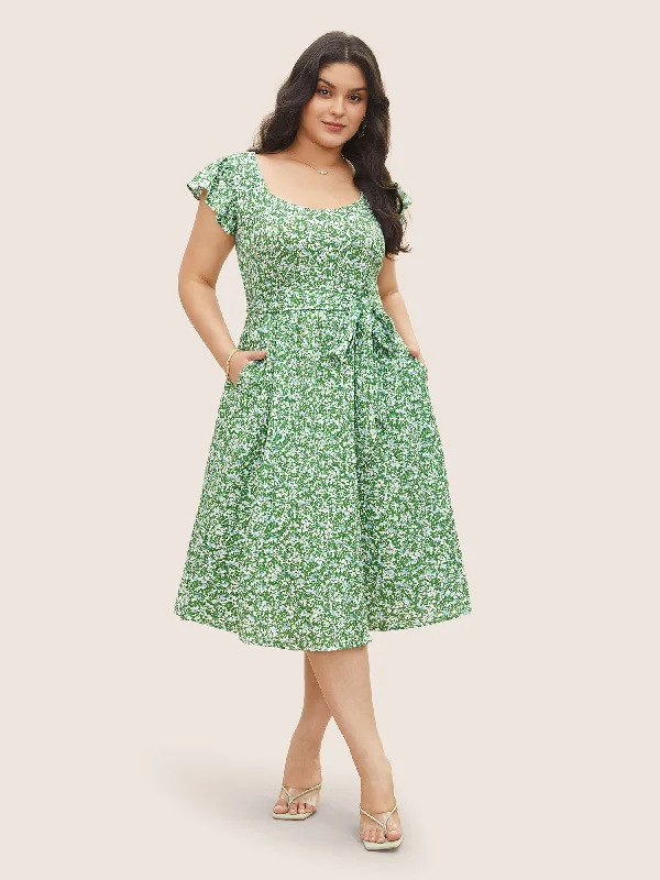 Ditsy Floral Belted Flutter Cap Sleeve Dress Tunics Designer luxury