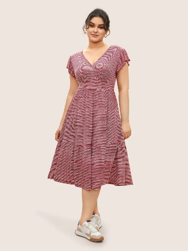 Striped Surplice Neck Ruffle Cap Sleeve Dress Tunics Floral girly
