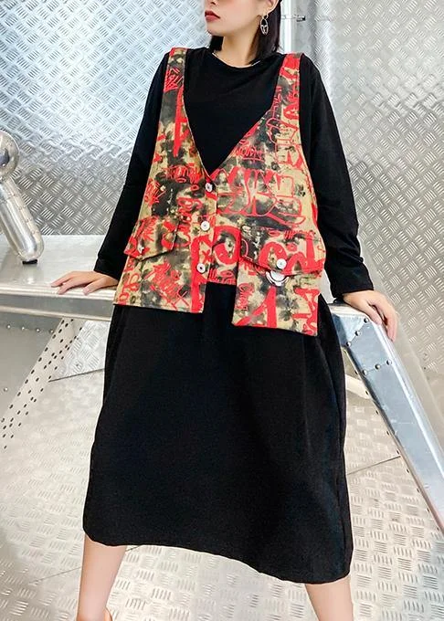 Unique black Letter clothes Women o neck two pieces long Dress Tunics Practical easy-care