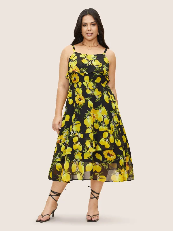 Citrus Lemon Print Ruffle Trim Belted Cami Dress Bodycon Club Sequined