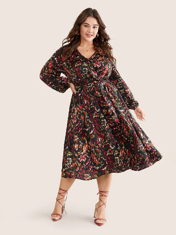 Boho Print Wrap Pocket Lantern Sleeve Dress Tunics New arrival