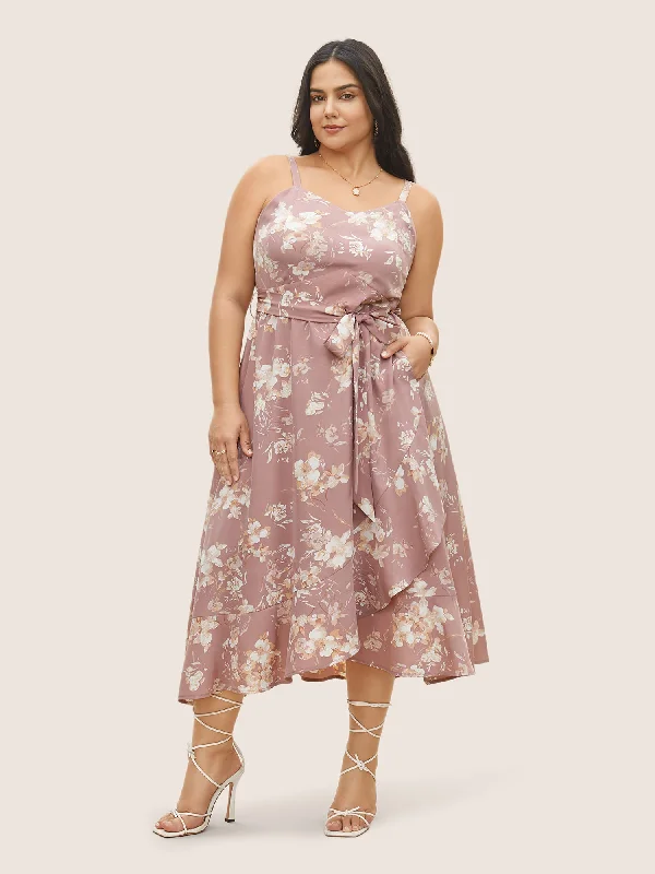 Floral Pocket Elastic Waist Adjustable Straps Dress Tunics Fall fleece