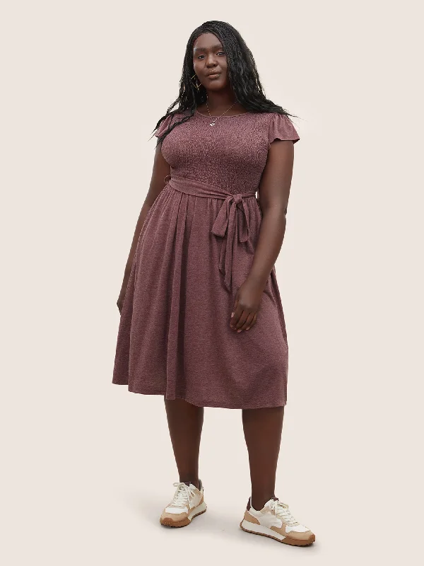 Supersoft Essentials Shirred Ruffle Cap Sleeve Dress Square Neckline Feminine