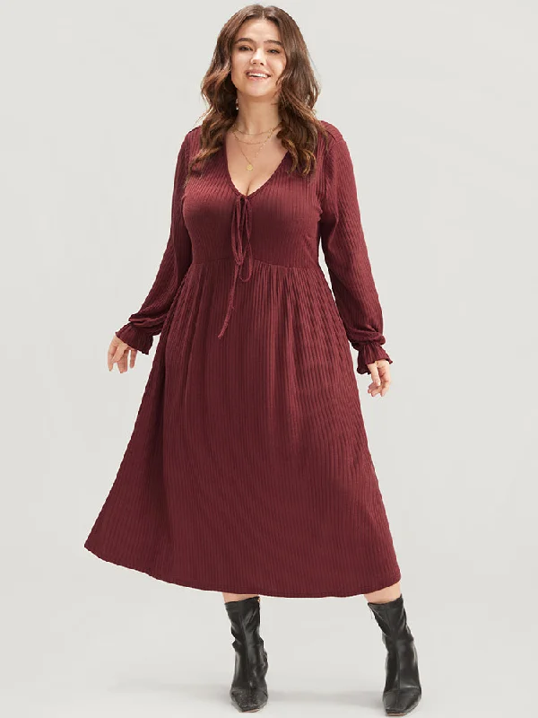 Solid Lantern Sleeve Tie Neck Pocket Rib Knit Dress Tunics Hiking breathable