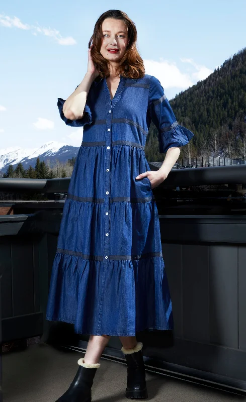 Miami Dress In Denim With Black Ribbon Trim Turtleneck Neckline Stylish