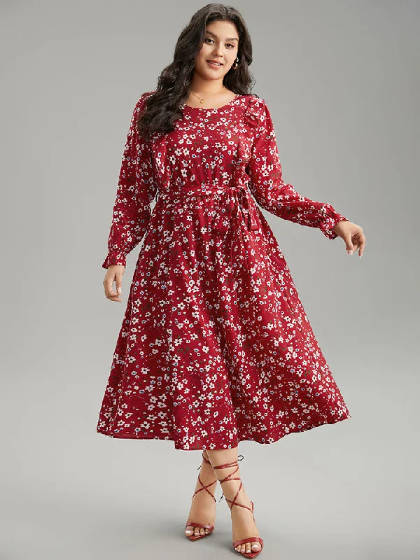 Ditsy Floral Belted Ruffle Sleeve Dress Tunics Summer linen
