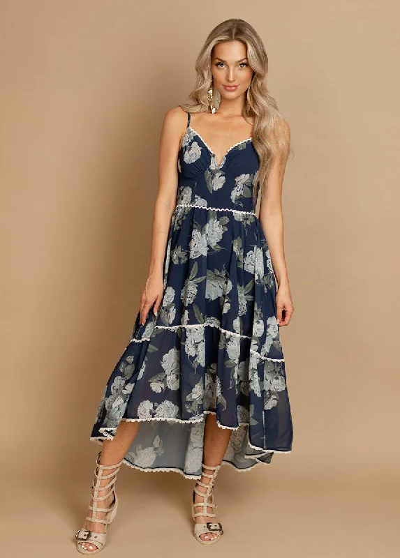 Vola Dress in Large Navy Floral Tunic Top Casual