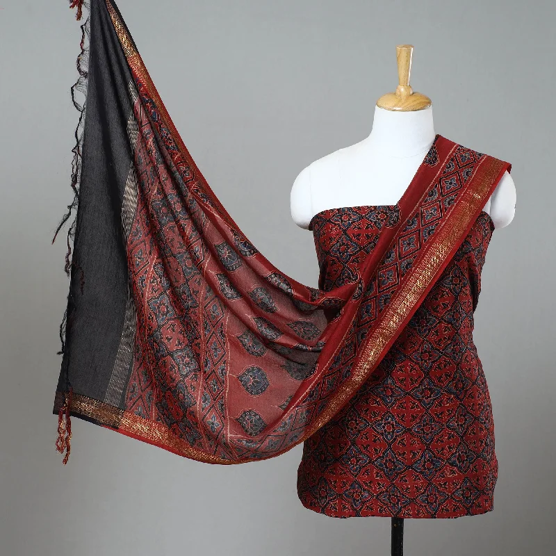 Red - 2pc Block Print Maheshwari Silk Ajrakh Dress Material 10 Tunics Fashionable trendy