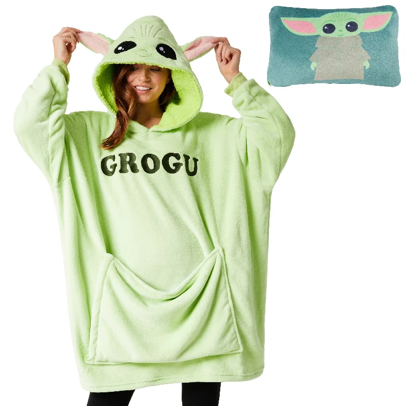 Disney Blanket Hoodie - Adults 2 in 1 Oversized Fleece Hoodie - Baby Yoda Hoodie with Hem Applique Textured Unique