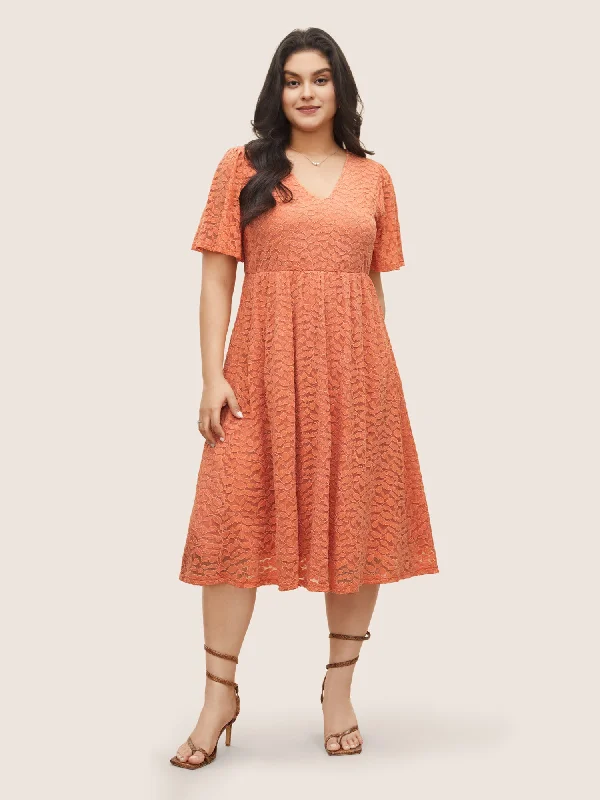 Plain Leaf Lace Panel Mesh Texture Dress Tunics Evening elegant