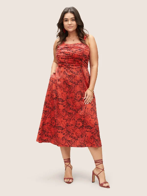 Floral Print Ruched Detail Adjustable Straps Dress Tunics Denim casual