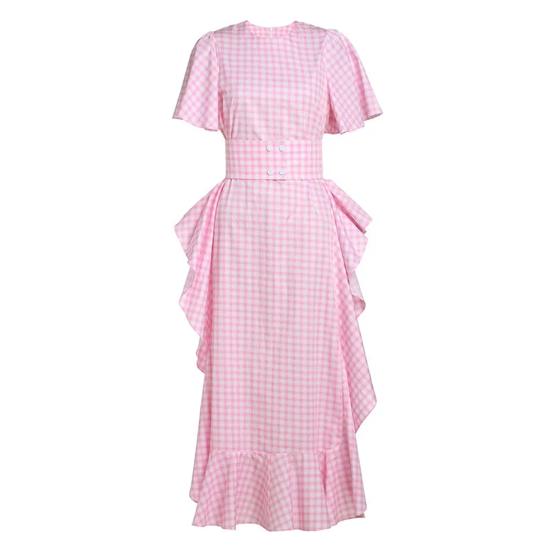 Plaid Dress Female Short Sleeve Tunic High Waist Ruffles Split Long Party Dresses Summer Fashion Women Sweet New Tunics Sophisticated sleek