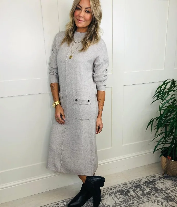 Grey Knitted Midi Pocket Dress Tunics Trendy modern