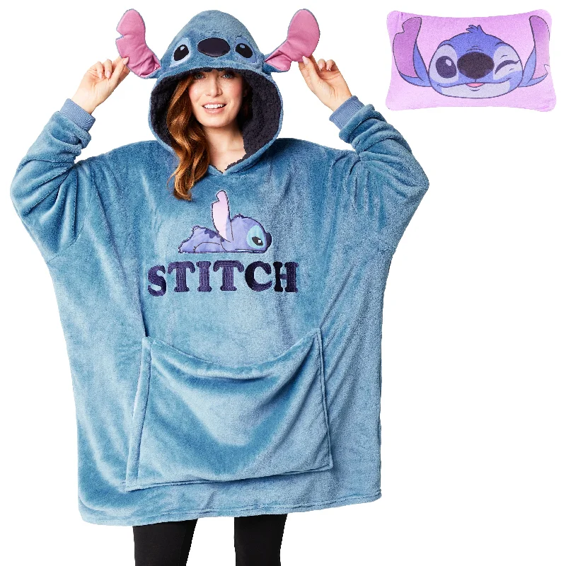 Disney Blanket Hoodie - Adults 2 in 1 Oversized Fleece Hoodie - Stitch Hoodie with Hem Ribbing Snug Secure