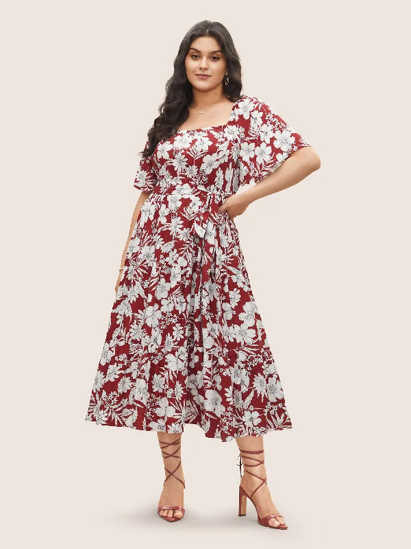 Square Neck Floral Print Belted Gathered Dress Tunics Review highly