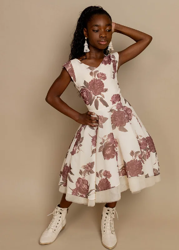 Lezah Petticoat Dress in Large Cream Floral Maxi Flowy Bohemian