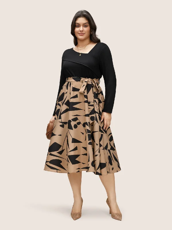 Geometric Contrast Patchwork Asymmetrical Neck Belted Dress Tunics Winter warm