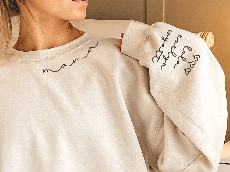 Mama Sweatshirt with Names on Sleeve Hoodie with Print Artistic Unique
