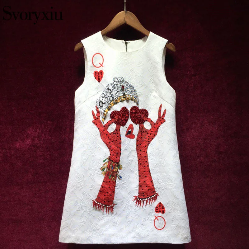 Runway Custom White A Line Short dresses Women's Diamonds Sequined Queen Print Sleeveless party Dress Female Tunics Long Elegant
