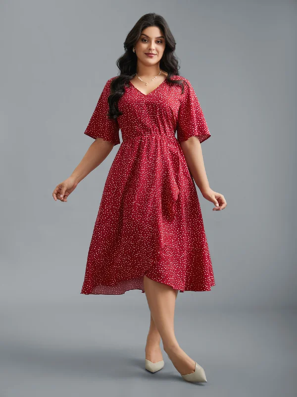 V Neck Polka Dot Ruffle Trim Dress Tunics Satin smooth