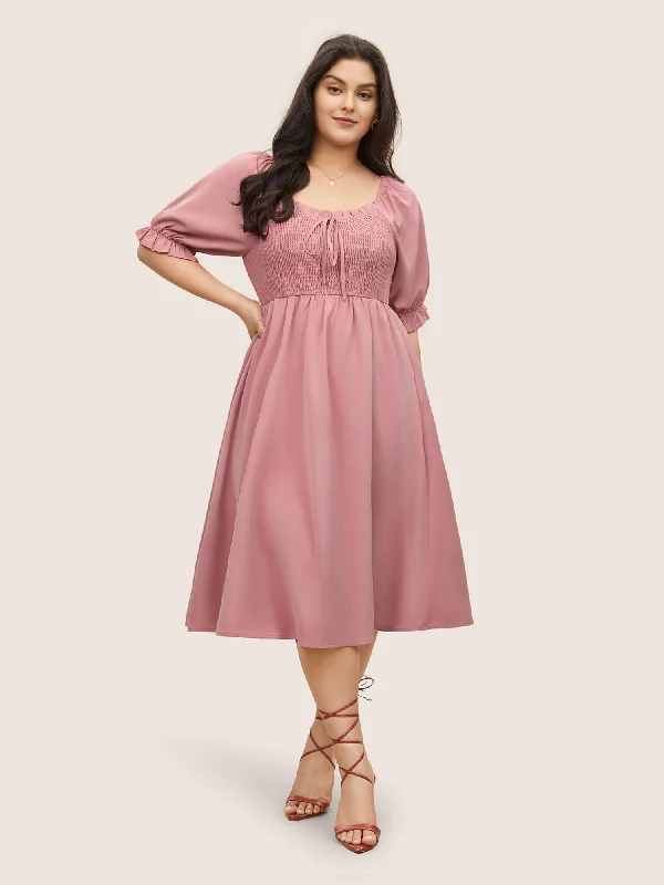 Square Neck Shirred Elastic Waist Ties Dress Tunics Satin smooth