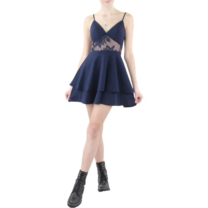 City Studios Womens Juniors Lace Inset Mini Cocktail and Party Dress Tunics Polka dots
