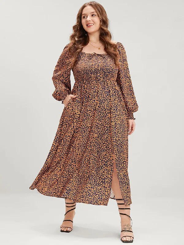 Ditsy Floral Pocket Shirred Lantern Sleeve Split Hem Dress Tunics Prom sequined